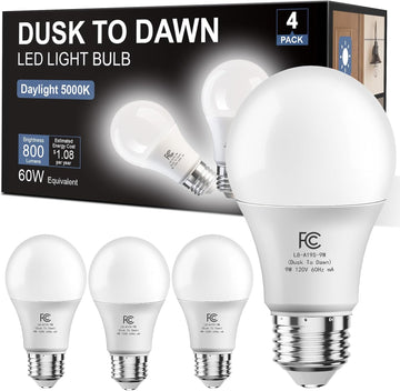 4 Pack A19 Dusk to Dawn Light Bulbs Outdoor, Auto On/Off Photocell Sensor LED Light Bulb for Porch & Security