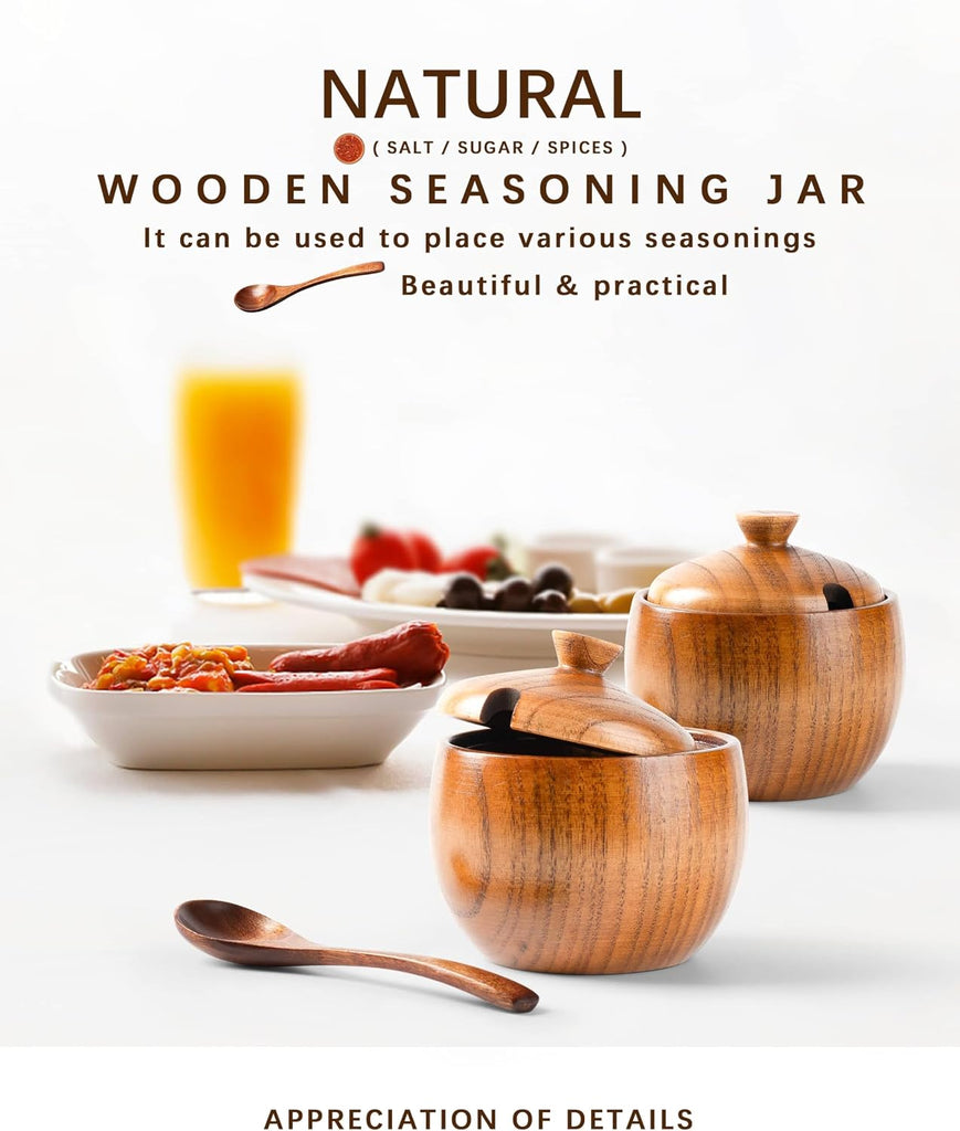 Jujube Wood Salt Cellar, 6 oz Box with Lid and Spoon, 3.3 Inch