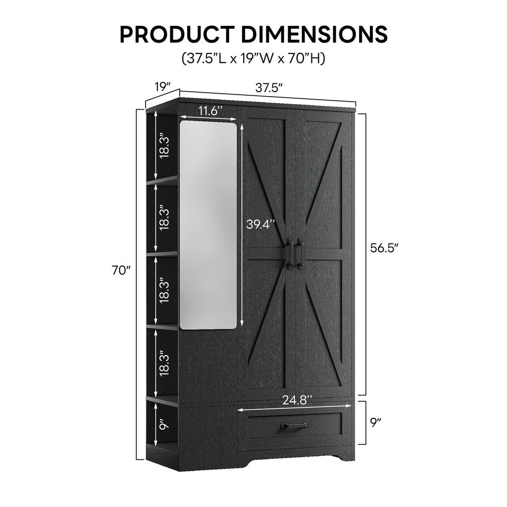 Armoire Wardrobe Closet 70 Inches, Large Storage with Mirror, 2 Doors, Drawer, and Shelves, Modern Bedroom