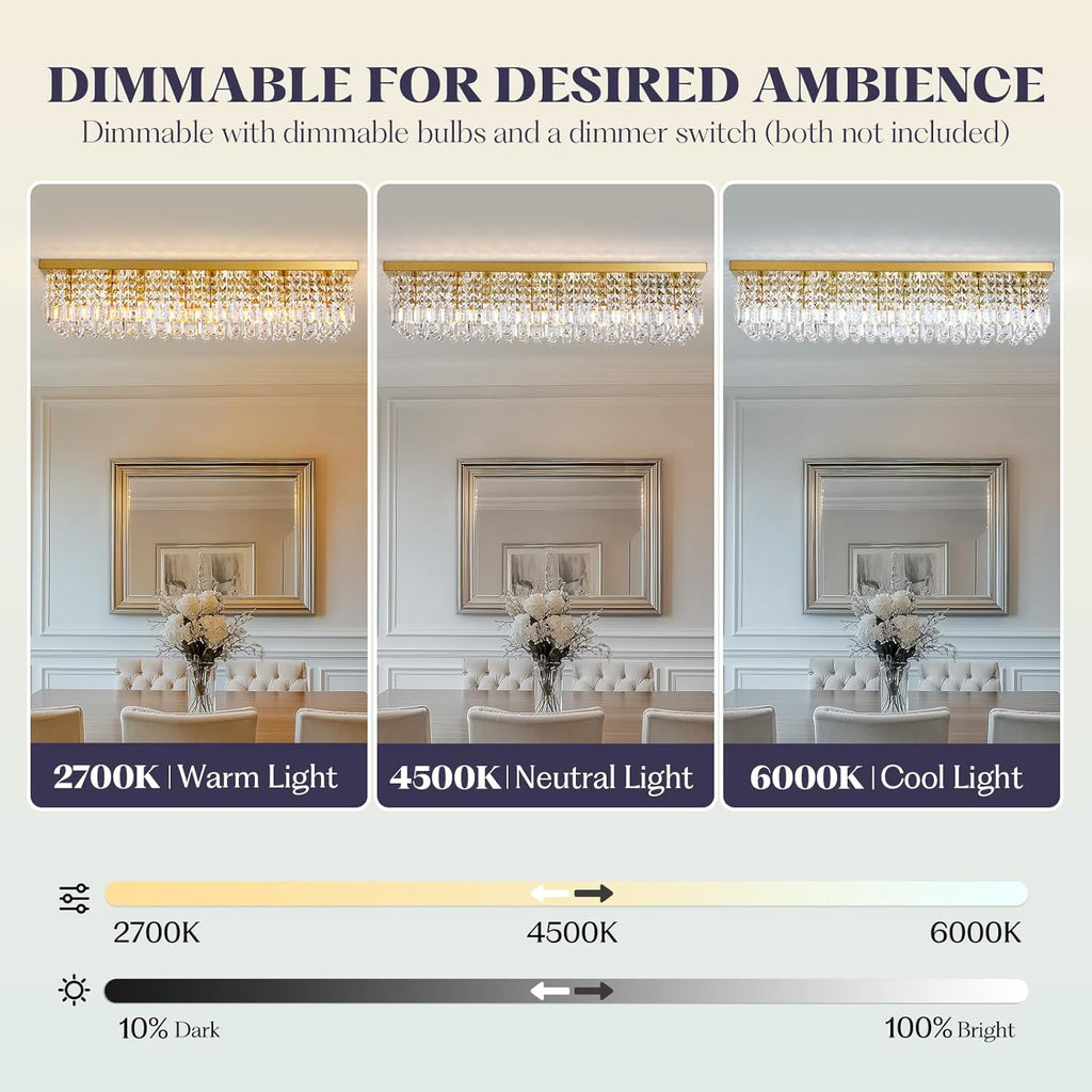 Rectangle Chandelier 8-Light Crystal Chandeliers, Modern Dining Room Light Fixture Luxury Gold Rectangular Flush