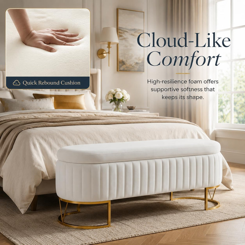 Velvet Storage Bench for Queen Size Bed, 46'' Beige Oval Ottoman, Gold Legs | Easy Assembly, Housewarming Gift