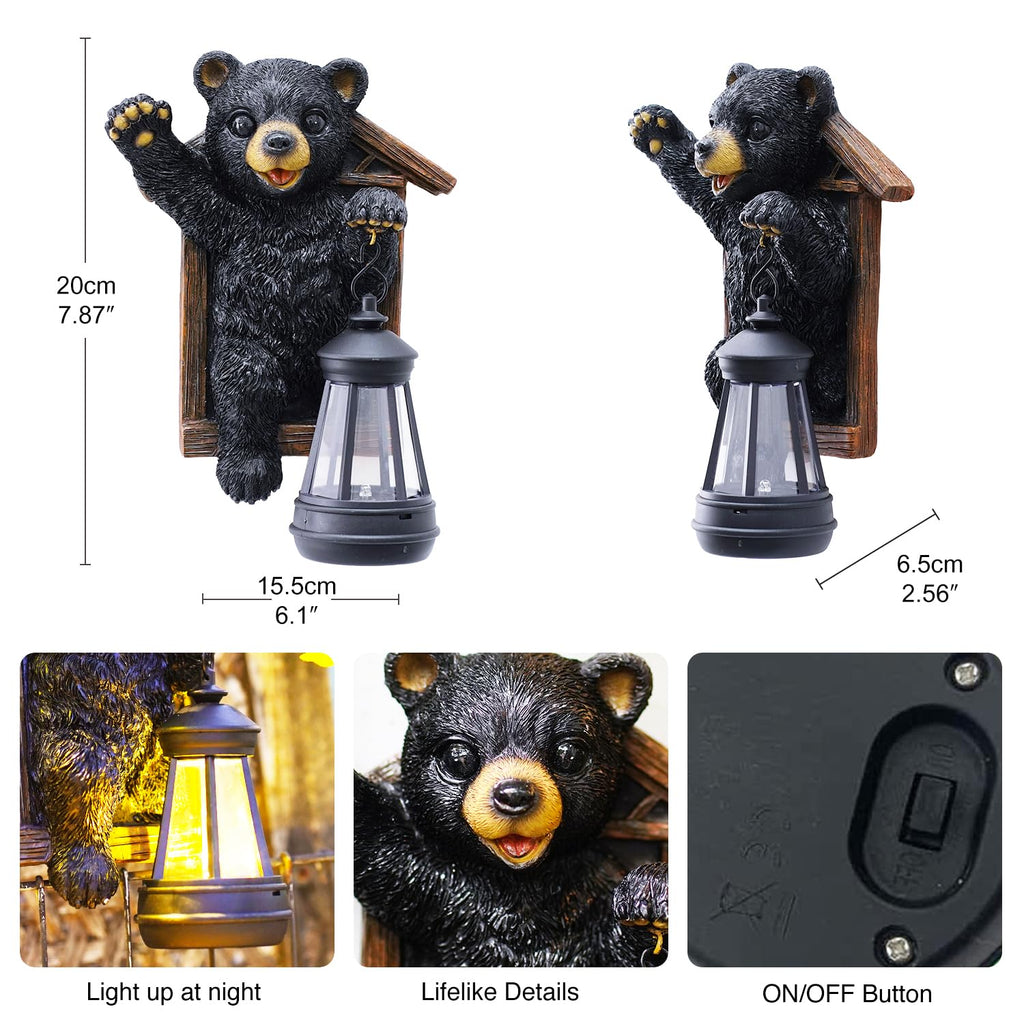Black Bear Tree Hugger with Solar Lantern - Garden Statue for Yard