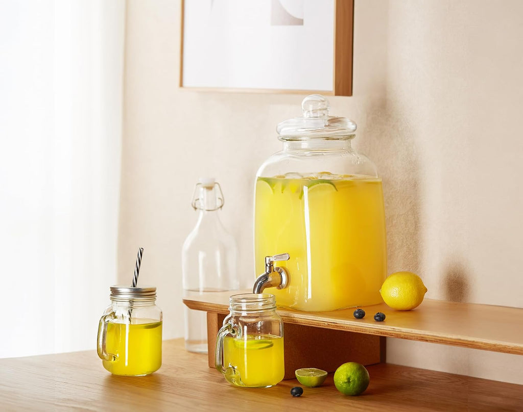 Glass Drink Dispenser, with Leak-Proof Stainless Steel Spigot and Customizable Label Tag, Clear Mason Jar, Beverage