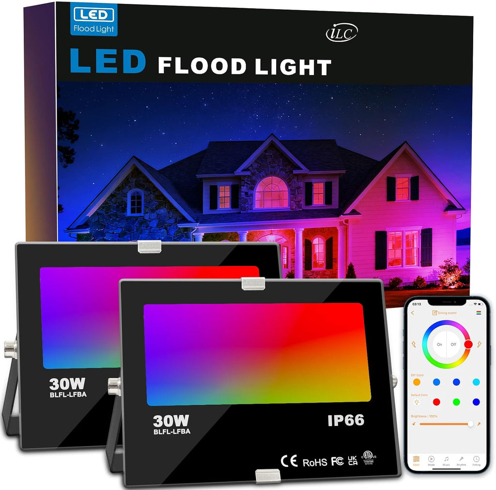 LED Flood Light 80W, 8000LM, Outdoor RGB Color Changing, Smart Floodlights RGBW 2700K Warm White & 16 Million Colors