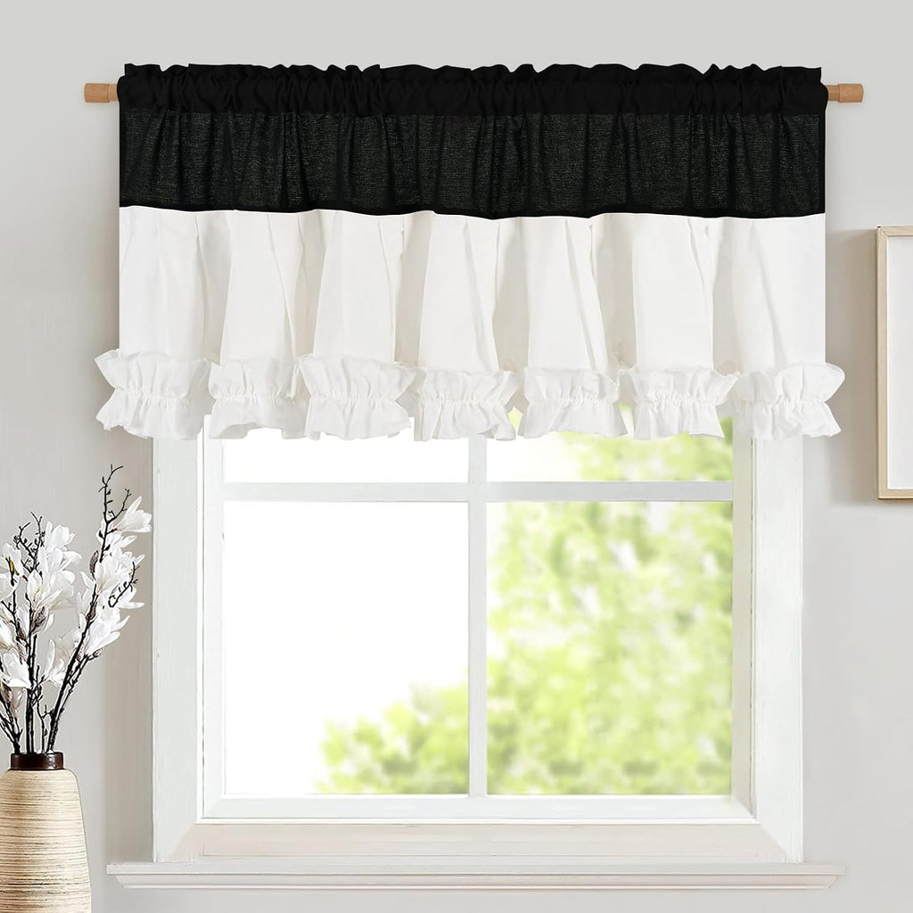 Black and White linen ruffle valance for windows - Casa Home Living