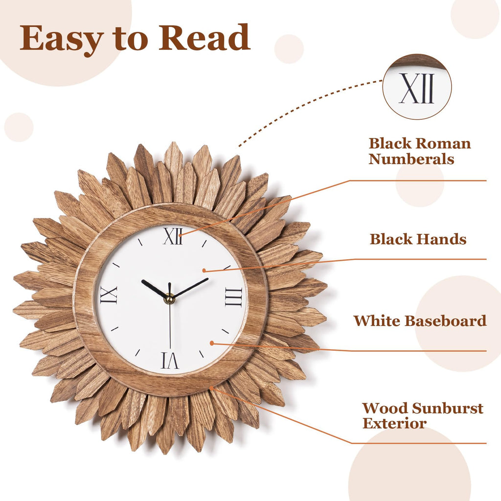 14 Inch Wall Clock Battery Operated Silent Non Ticking Rustic Wood Boho Sunburst Decorative Wall Clocks Kitchen