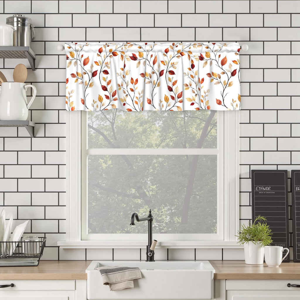 Fall Valances for Windows Brown Eucalyptus Leaves Print Kitchen Curtain Farmhouse Rustic Widow Valance with Rod