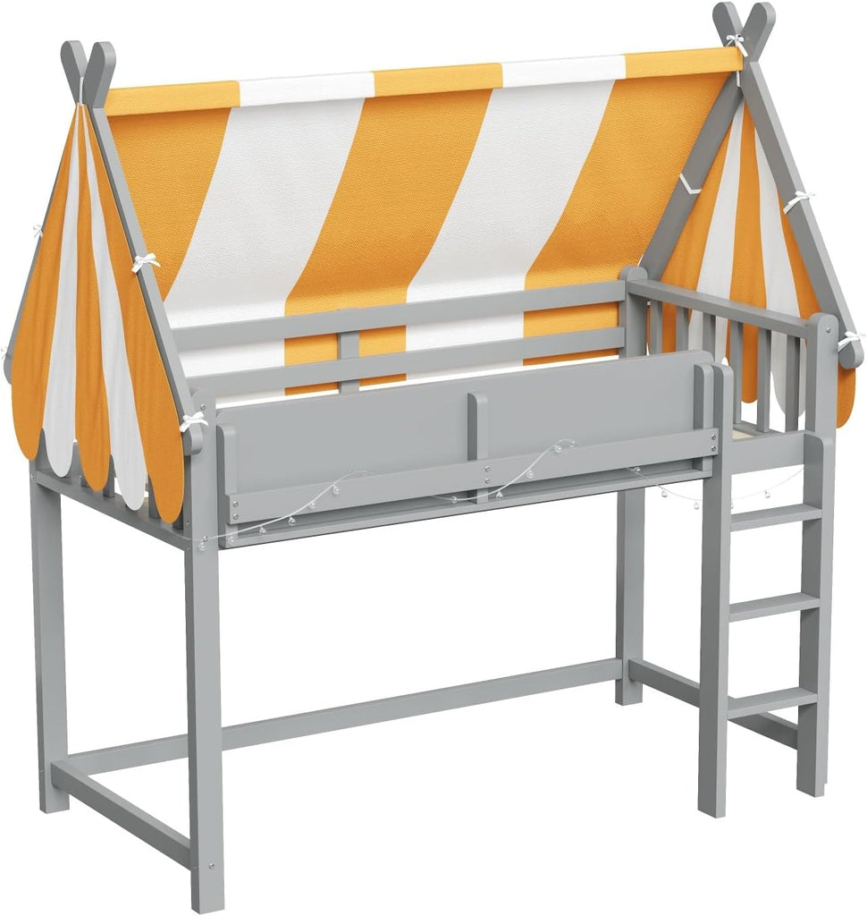 Full Size Wood House Bed Canopy Playhouse Loft Bed Frame with Storage Shelves House Loft Bed with LED Lights for Kids