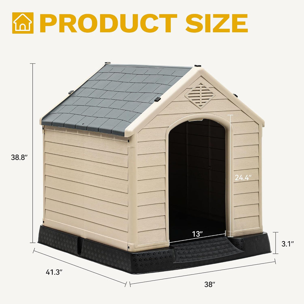 Plastic Dog House, Weatherproof Outdoor/Indoor Doghouse, Puppy Kennel with Air Vents and Elevated Floor