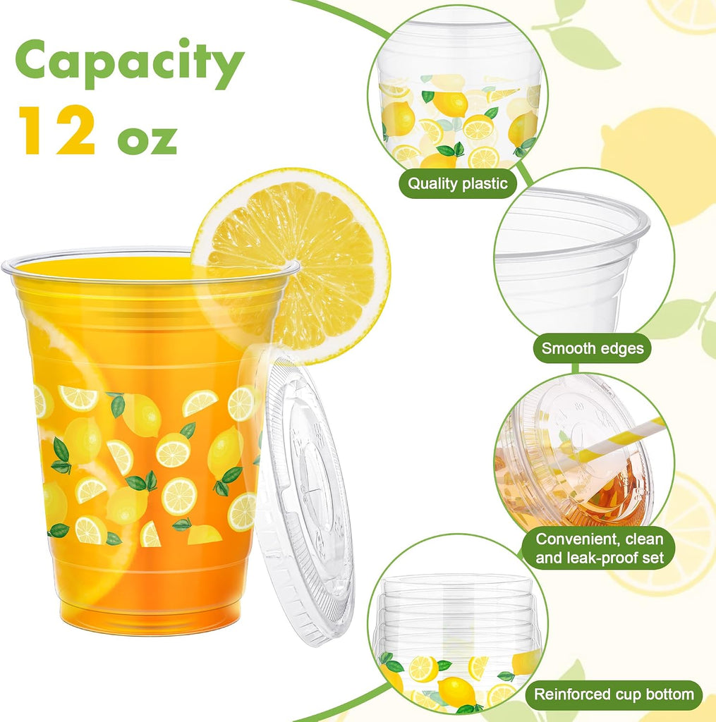 2.3 Gallon Lemonade Dispenser, Plastic Drink Dispenser with Spigot 50 Disposable 12 OZ Lemon Plastic Cups - Set of 2