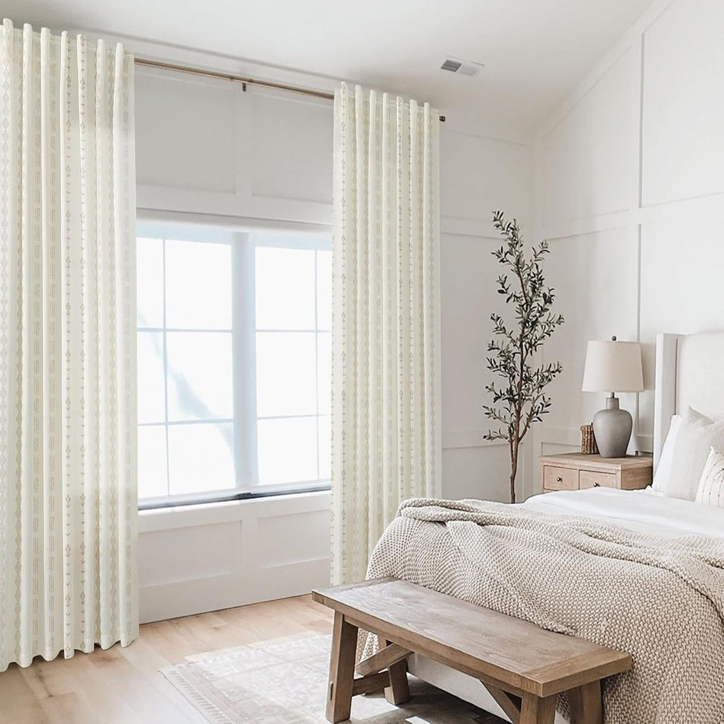 Linen Farmhouse Curtains, Neutral Taupe Cream Light Filtering Boho Sheer Floral Patterned Curtains for Dining Room
