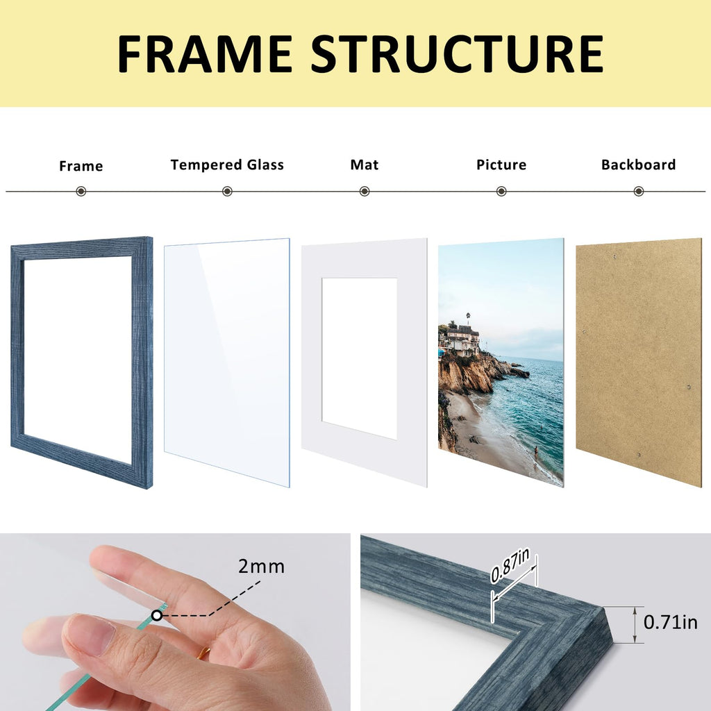 11x14 Frame with Mat for 8x10, Real Glass, Blue