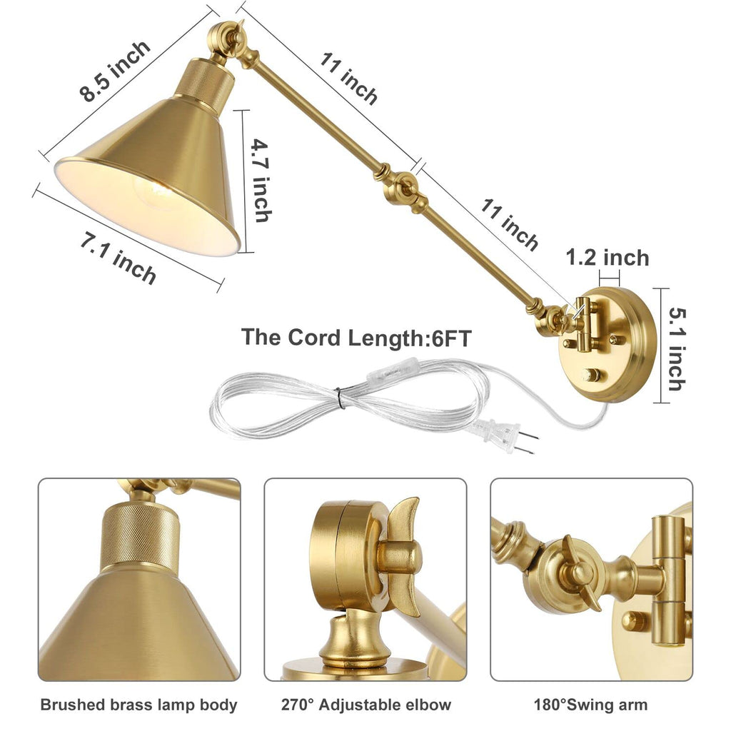 Wall Sconce Plug in, Brushed Brass Dimmable Wall Sconce Swing Arm Wall Lights Plug in Wall Mounted Light with 6FT