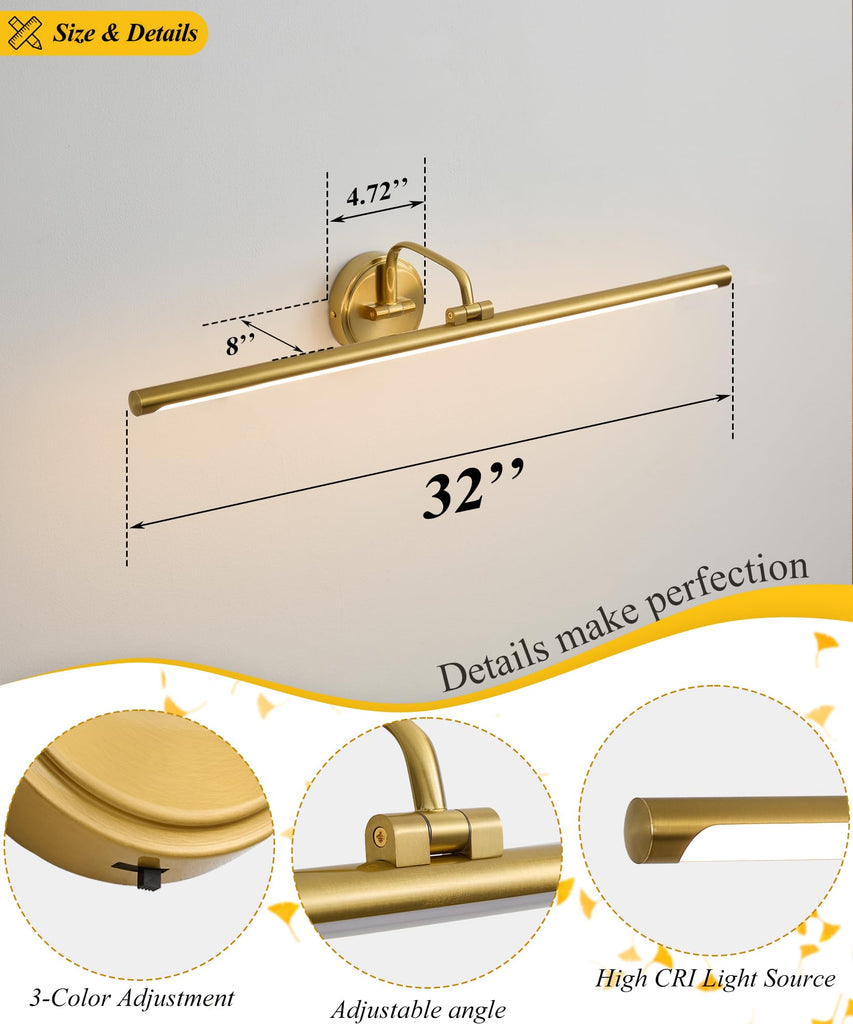 Hardwired Picture Light for Wall,32 Inch Modern Brass Dimmable Frame Light with Adjustable Swing Arm,3CCT LED Art