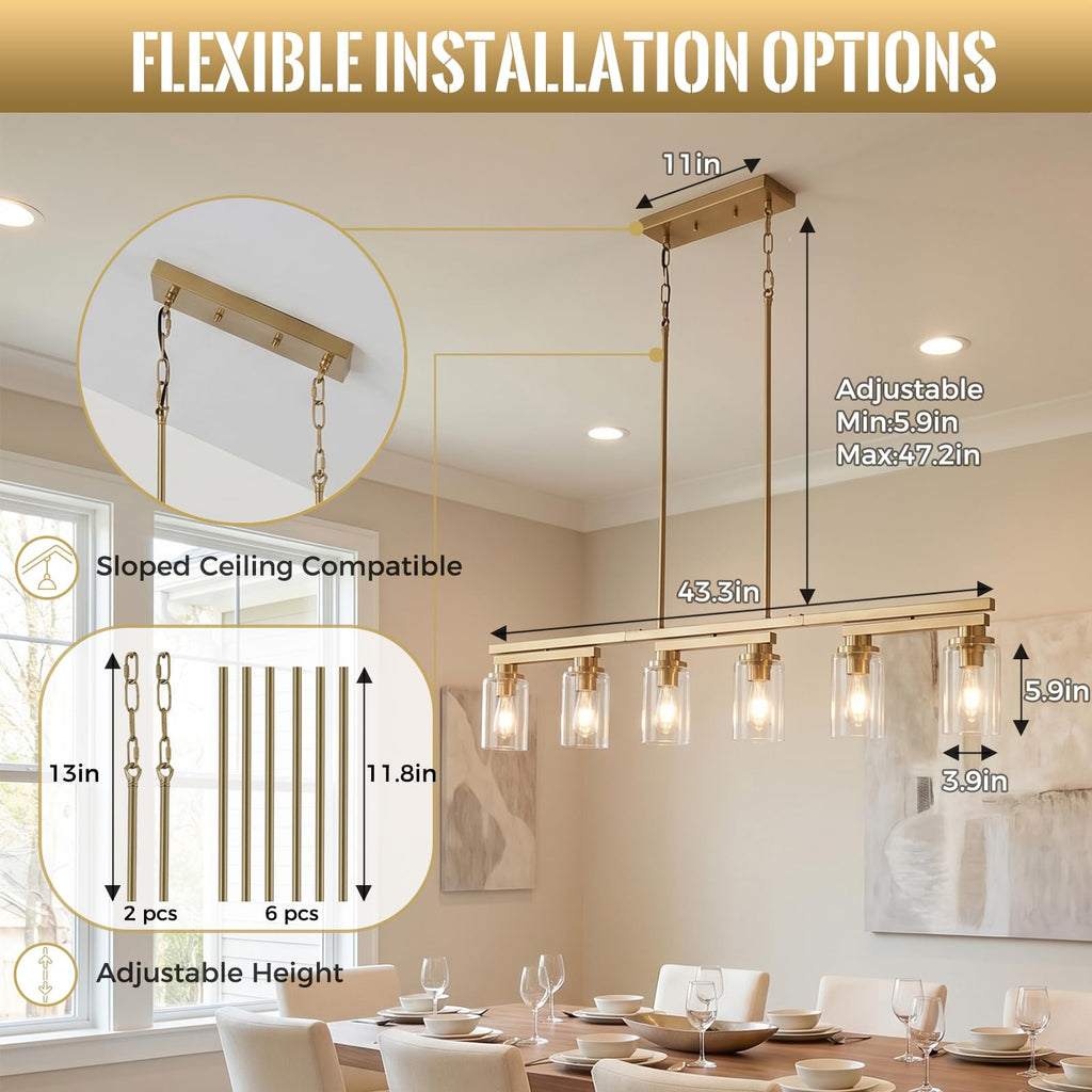 Brushed Gold Linear Chandelier,43.3" Dining Room Light Fixture