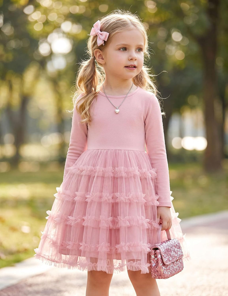 Toddler Girls Long Sleeve Ruffle Tiered Party Tulle Dresses