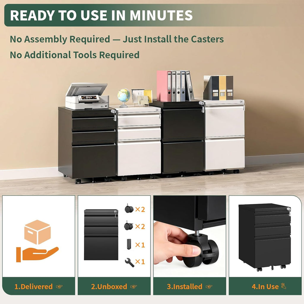 Small File Cabinet ,Metal Mobile Filing Cabinet | Fully Assembled,Under Desk,Rolling,Central Locking System,3