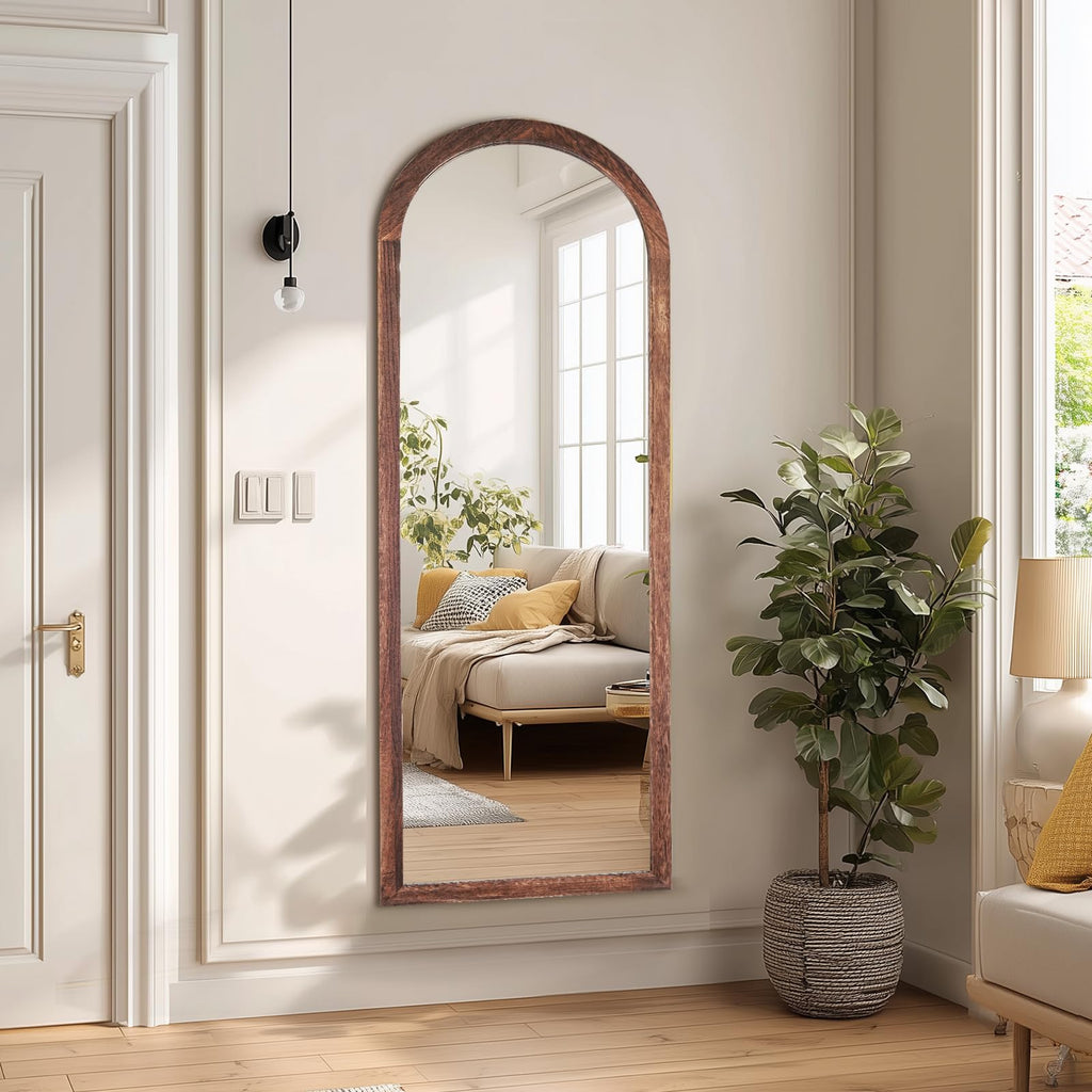 48x16in Arched Full Length Mirror Solid Wood Frame, Brown