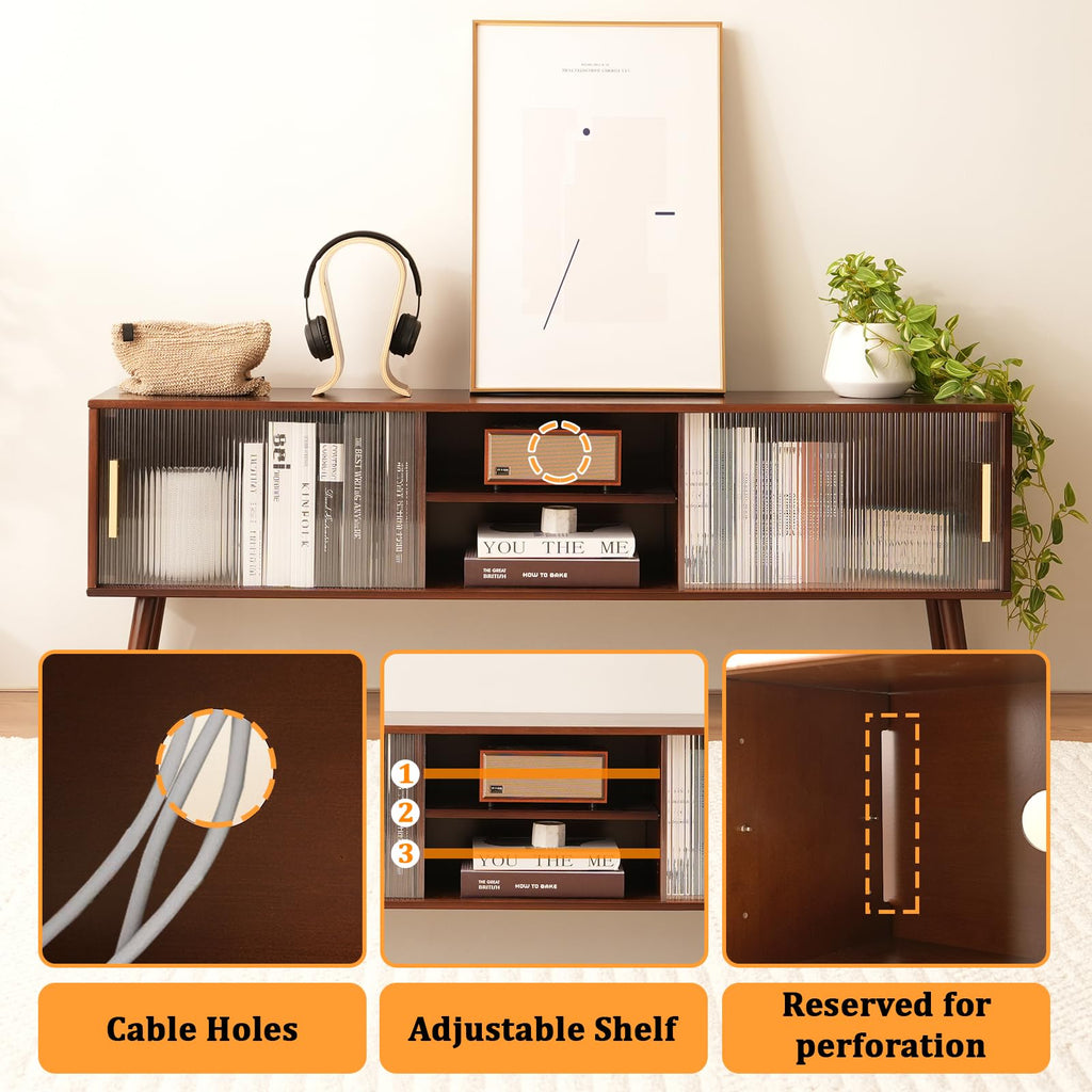 Bamboo TV Stand Entertainment Center, Mid-Century Modern Television Stand for 55-65 inch TVs, Rustic Brown Media