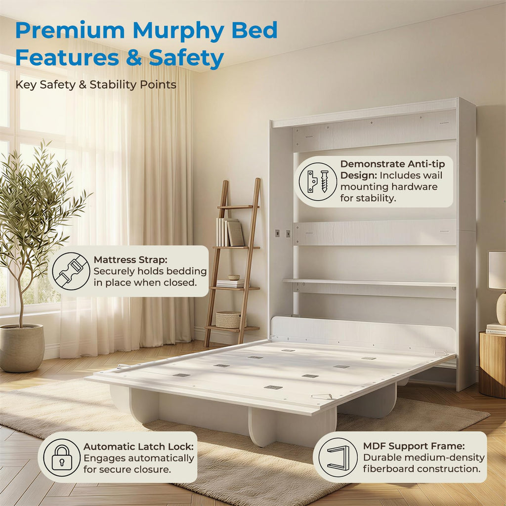 Queen Vertical Wall Murphy Bed with Storage Shelf, White