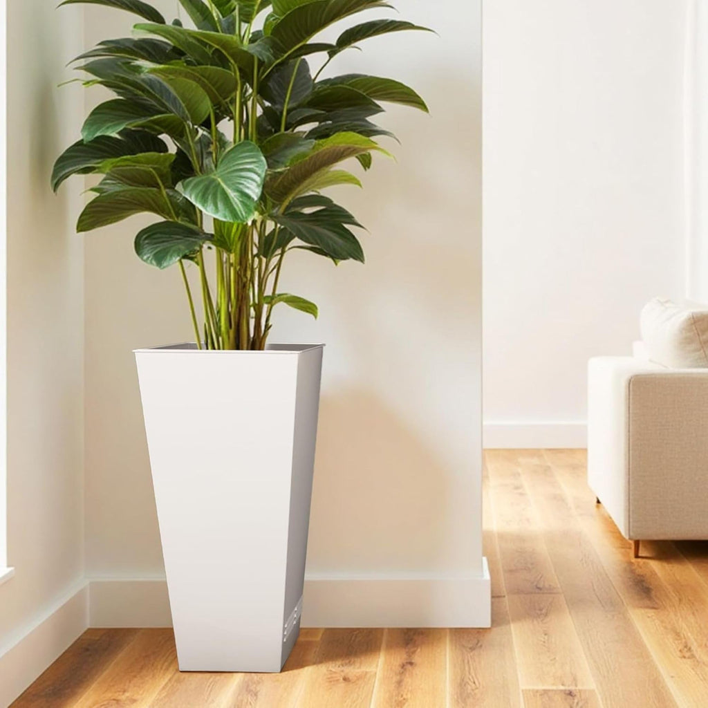 2 Pack 28" Tall Large Metal Planter, Tapered Steel Flower Pots with Insert Plate with Drain Holes & Air Vents for