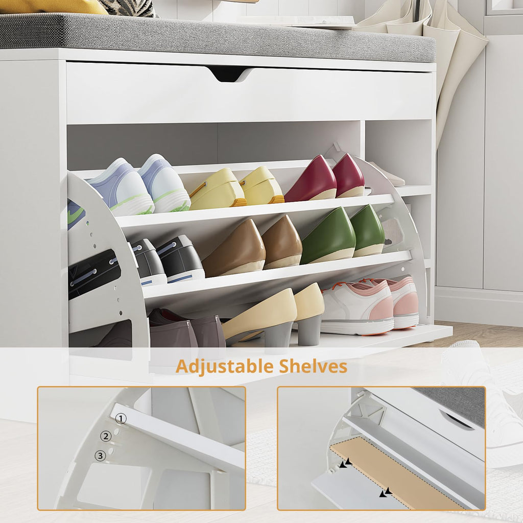 Shoe Storage Bench with 3-Tier Flip Drawer & Padded Cushion, Shoe Rack Bench with Flip-Open Storage Box, Shoe Storage