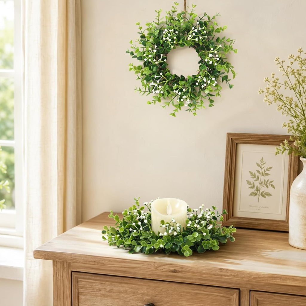 Mini Boxwood Wreath Green Candle Ring Wreaths, Style-03 - Set of 4
