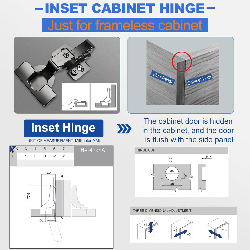20 Pack Inset Cabinet Hinges for Frameless Soft Close Concealed Hinge Self-Closing 110° 4D Adjustment Speed Control