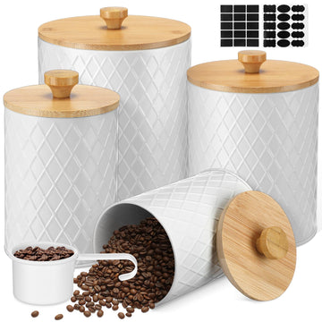 4 Set Black Metal Coffee Canister Set with Bamboo Lid, White, 4 Sizes