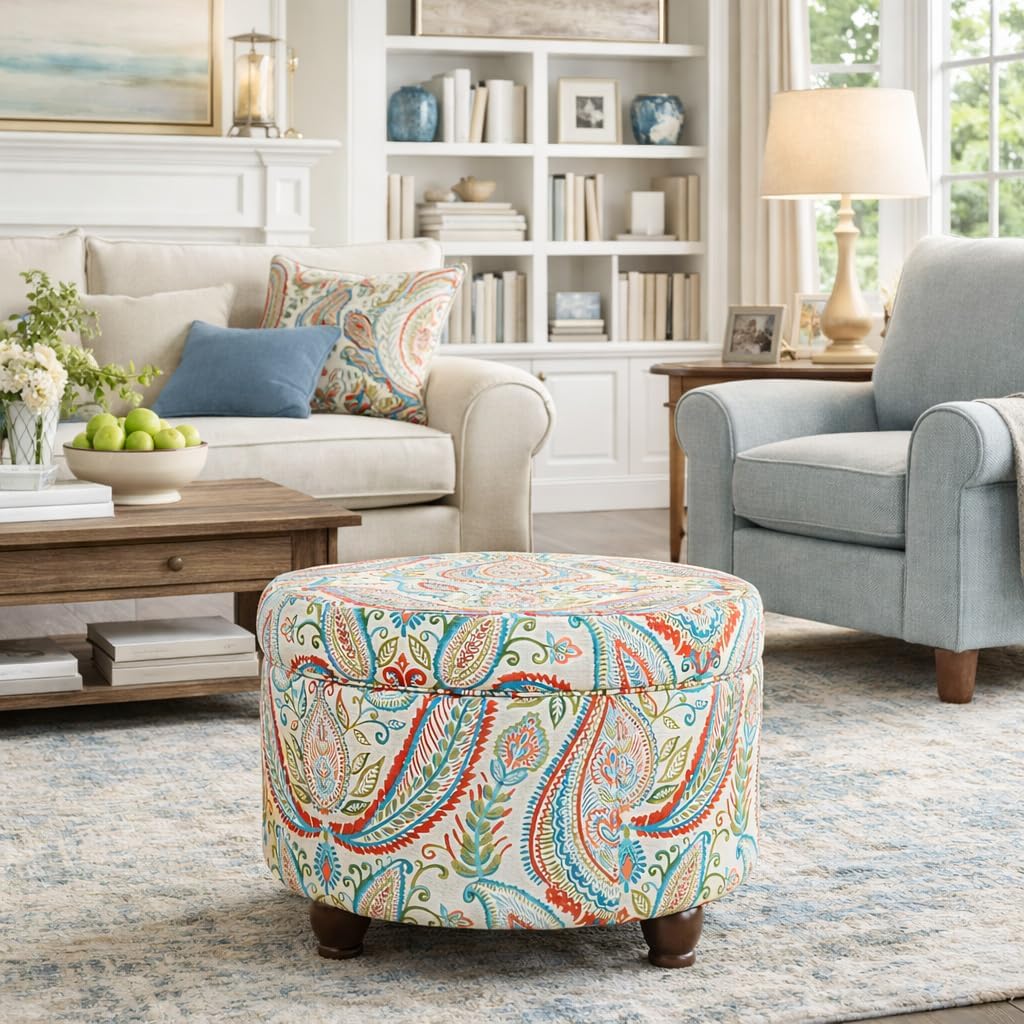 Home Decor | Upholstered Round Storage Ottoman | Ottoman with Storage , Bold Paisley Large