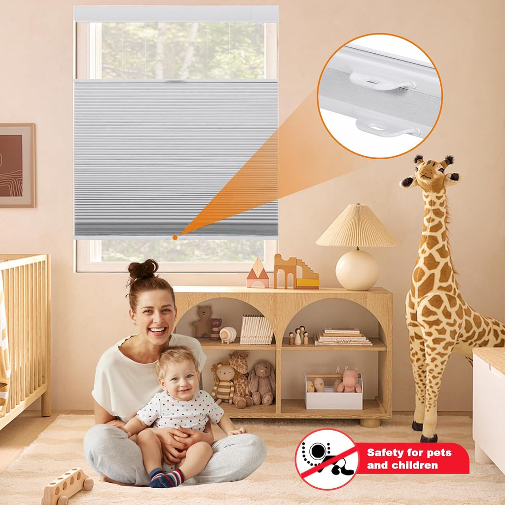 No Drill Blackout Cellular Shades for Windows,White | Top Down Bottom Up Honeycomb No Tools Cordless Blinds,Easy to