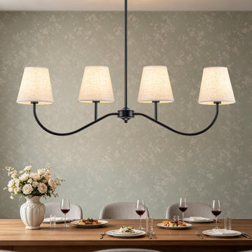Matt Black Modern Linear Chandelier with White Fabric Shades