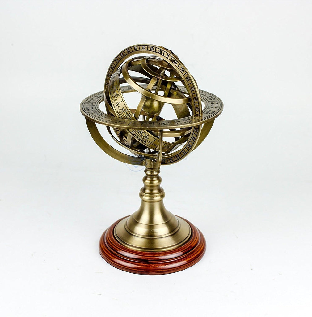 Antique Vintage Zodiac Armillary Brass Sphere Globe Wooden Display | Pirate's Antique Ship Decor | (Medium, Antique