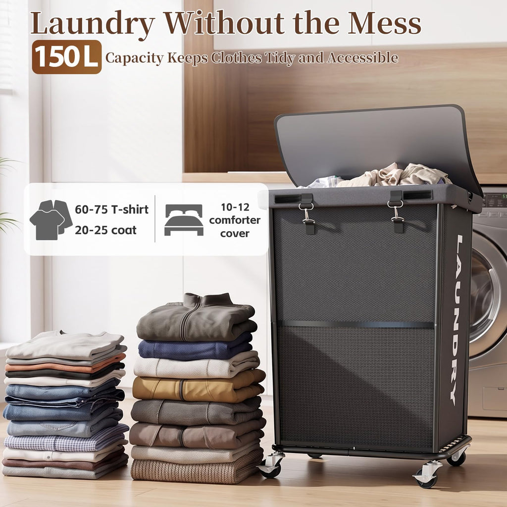 Hamper with Wheels and Lid, 150L Large Rolling Laundry Basket Gray