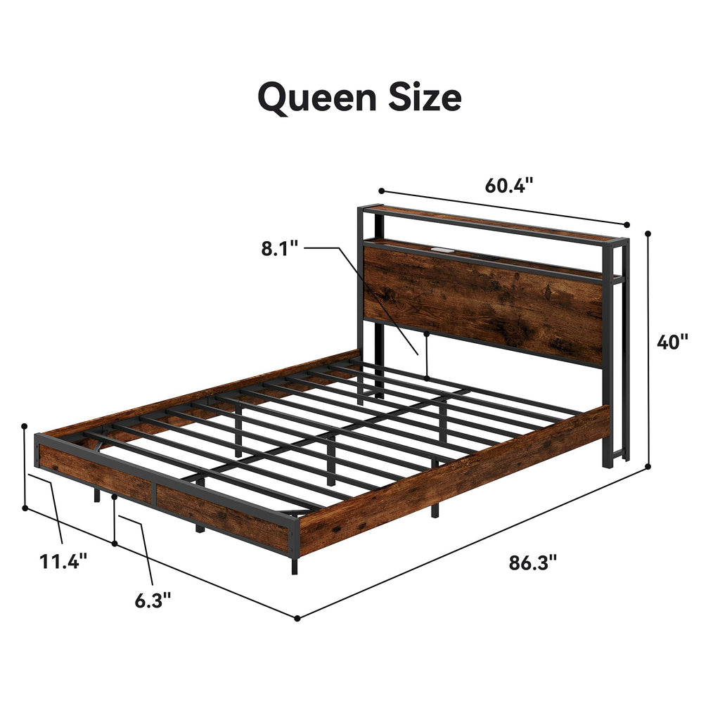 Bed Frame with Storage Headboard and Charging Station, Metal Bedframe with LED Lights, Platform Bed