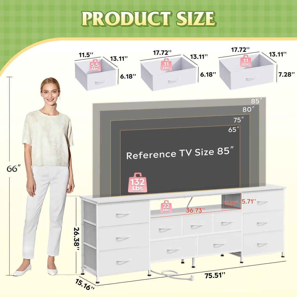 LED Long Dresser TV Stand for 85 Inch TV, S/M/L 11 Drawers, White