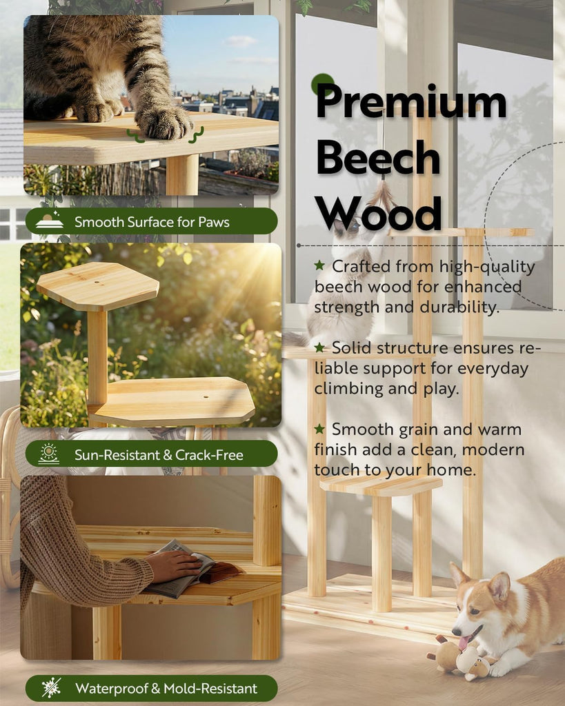 60" Tall Weatherproof Outdoor Cat Tree Tower, Solid Natural Wood