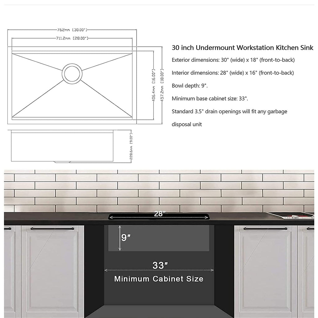 30 inch Undermount Workstation Sink, Stainless Steel Undermount Kitchen Sink 18 Gauge, Handmade Modern Single Bowl