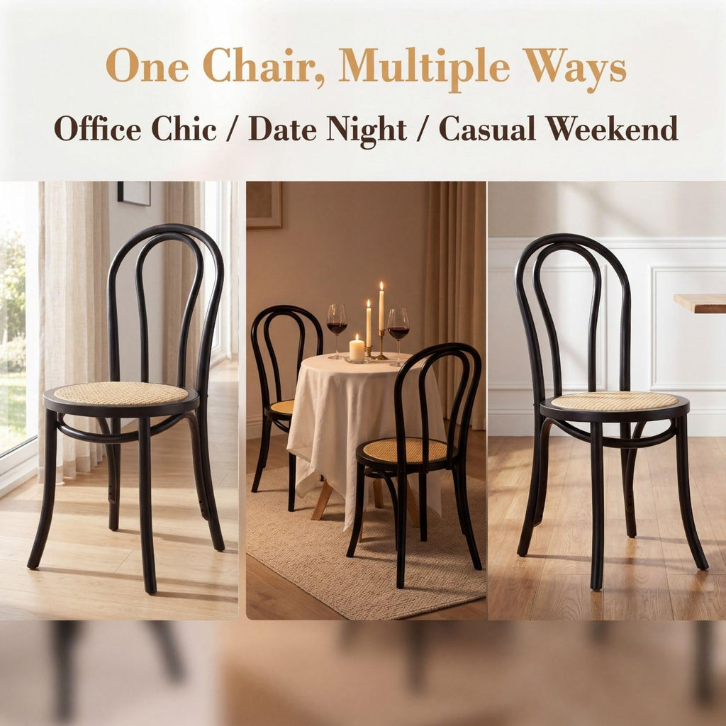 Solid Wood Dining Chairs Set of 2, French Bistro Dining Chairs, Solid Bentwood Chairs with Rattan Seat for
