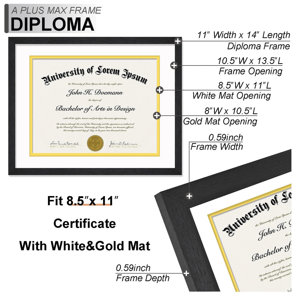 Black 11x14 Diploma Frame Set of 2 Display 8.5x11 Certificate with Mat