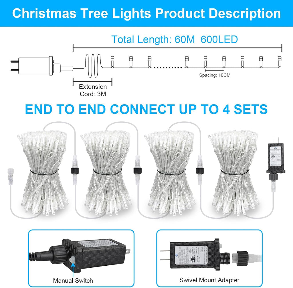 200FT 600LED Christmas Lights Plug ,Warm White Waterproof Fairy Lights with Timer/8 Modes, Christmas Tree Lights