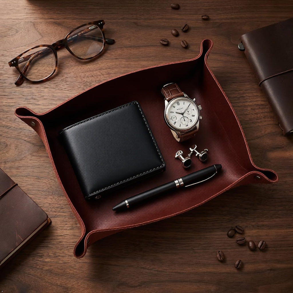 Personalized Leather Valet Tray - Made in USA - Custom Monogramed Full Grain Leather Catchall Tray for Men, Desk