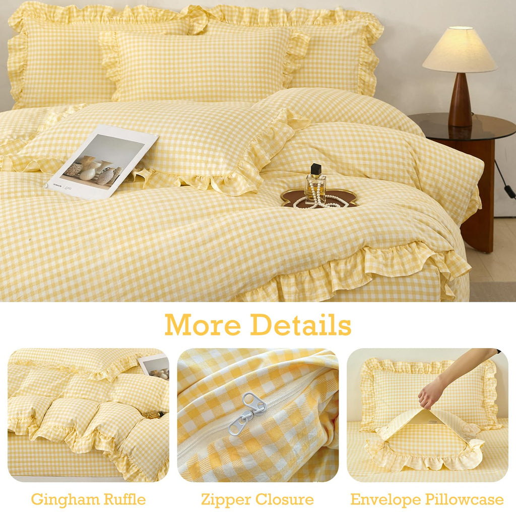 3 Pieces Yellow Plaid Gingham Ruffle Duvet Cover Set