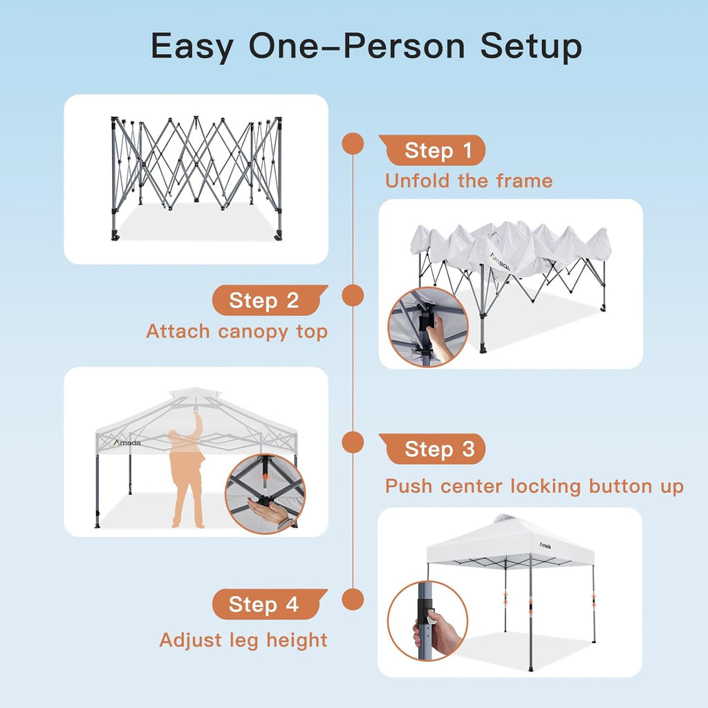 Amada 10x10 Pop Up Canopy Tent, 1-Button Push Easy-up Outdoor Canopy Beach Tent with 3-Height Adjustable Sun Shade