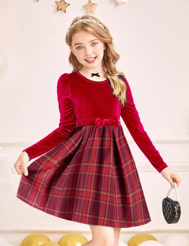 Girls Long Sleeve Velvet Plaid Patchwork Party Dress with Pockets