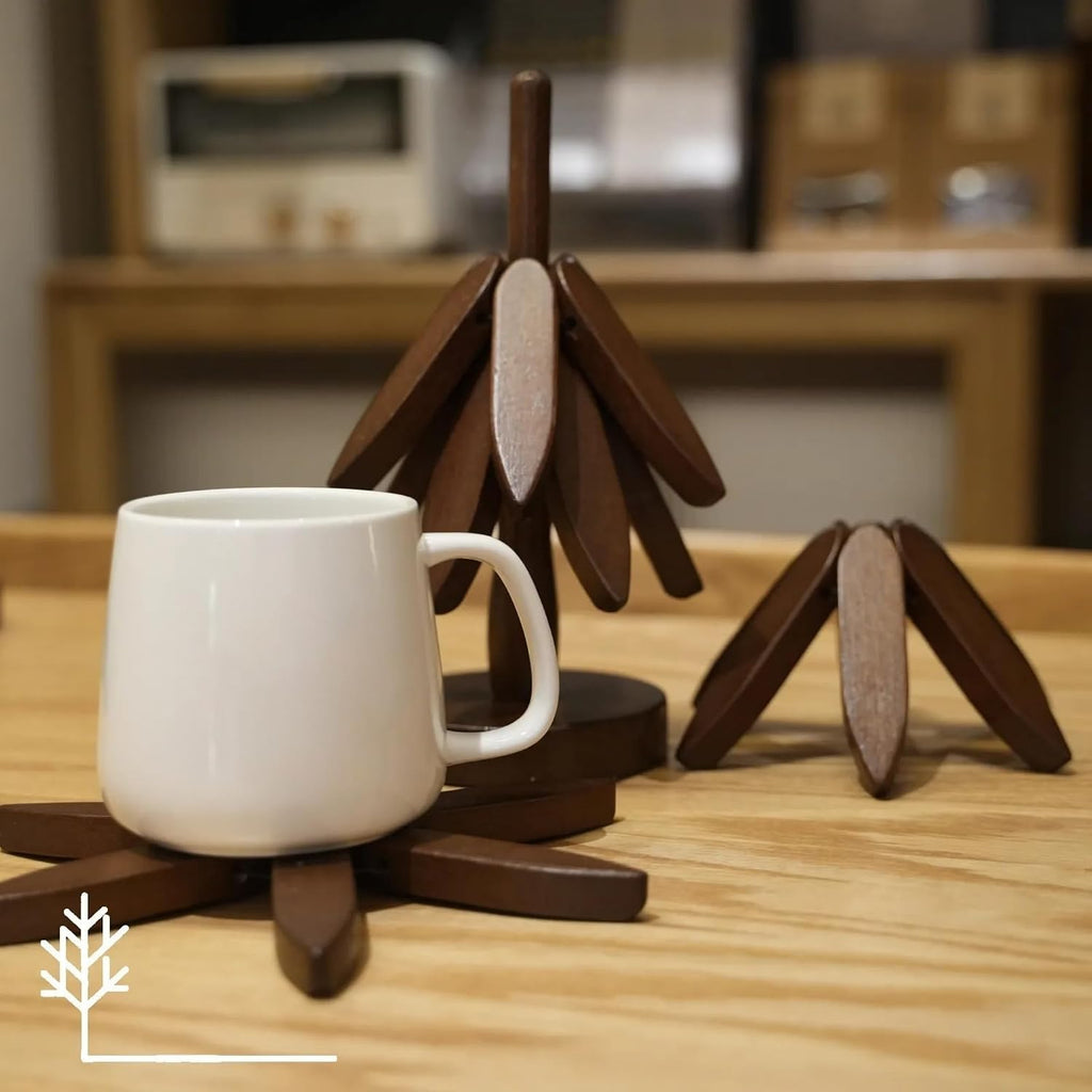 Wooden Trivet Tree for Hot Dishes, 4 Coasters + Stand, Walnut Finish - Set of 5
