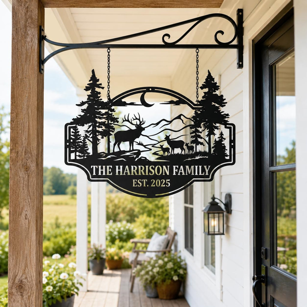 Metal Deer Scene Outdoor Family Wall Sign, Custom Deer Name Sign, Hunter Gifts Cabin Family Name Sign, Christmas Gifts