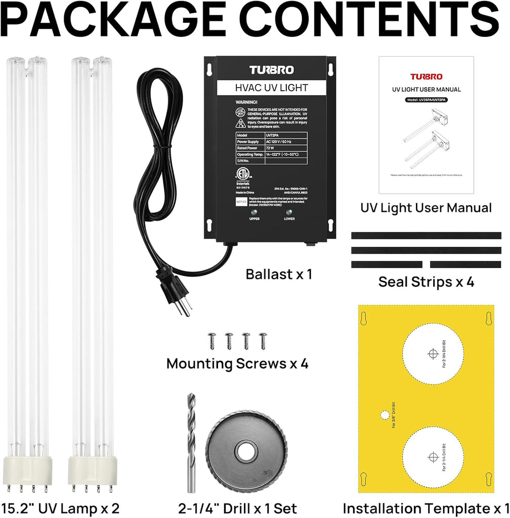 72W UV Sanitizer Lamp with Energy Saving Airflow Sensor, Ozone Free Ultraviolet Light, Air Purifier 