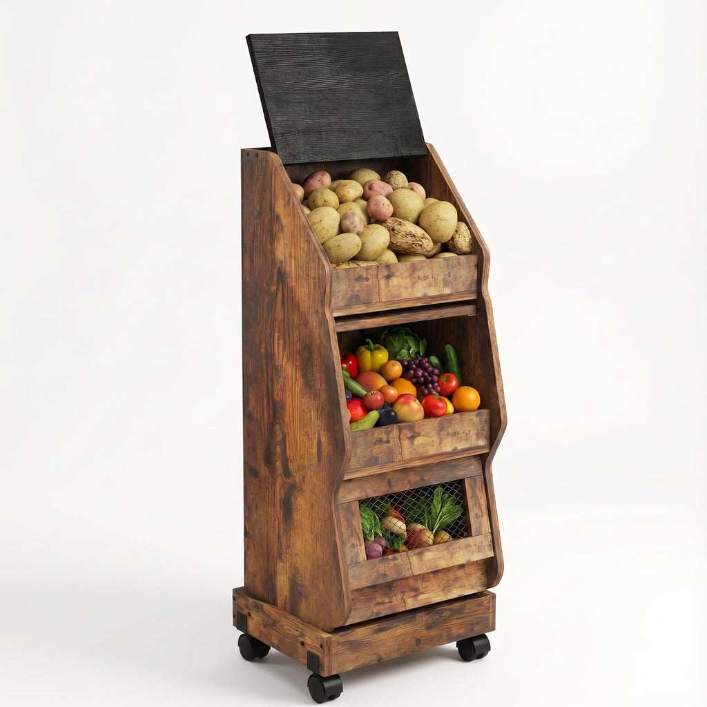 Potato and Onion Storage Bin Rustic Movable Bread Box with Wheels