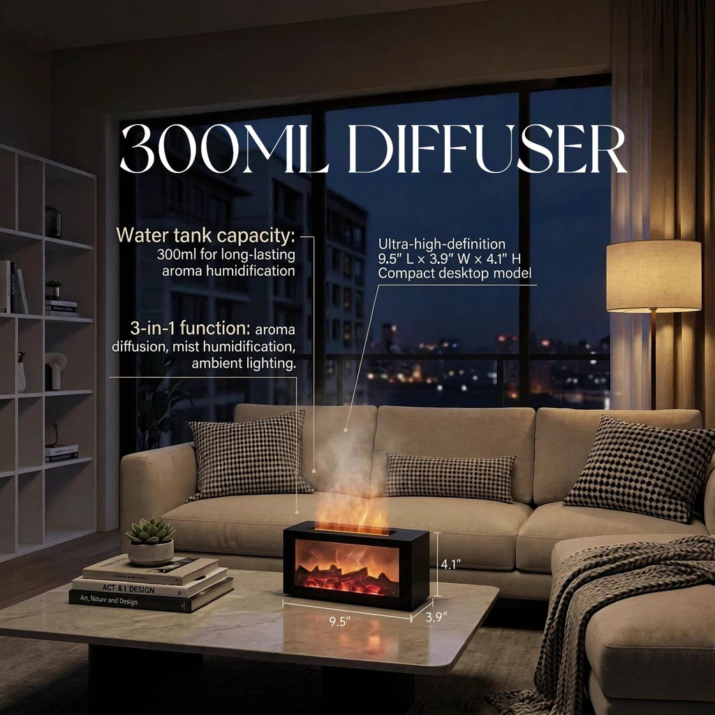 Essential Oil Diffuser, Fireplace Flame Remote Control Humidifier